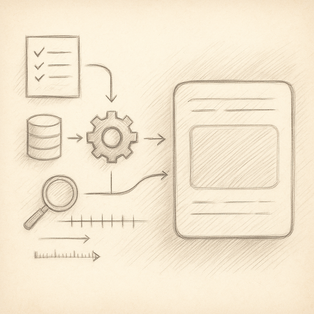 Sketch to build illustration showing the transformation from concept to finished product